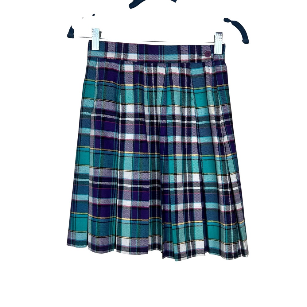 Vintage Y2K Academia Teal Purple Plaid Pleated Mini Skirt Tracy Evans